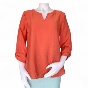 orange flowy blouse top with roll tab sleeves by Van Heusen